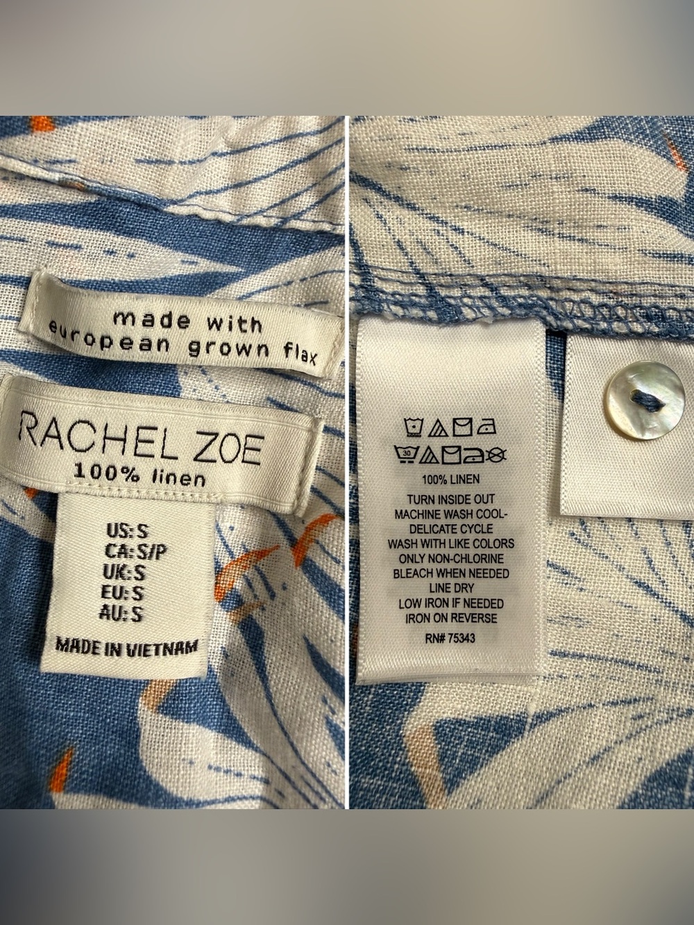 Rachel Zoe 100% Linen Palm Leaf Shirt Dress Coastal Resort Vacation Blue Small - Picture 6 of 10